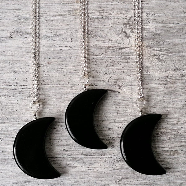 Crystal Moon Necklace - Rose Quartz, Clear Quartz Or Black Obsidian