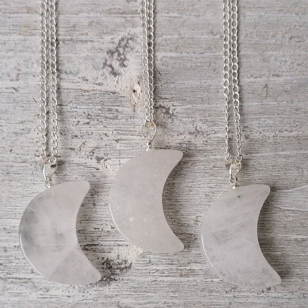 Crystal Moon Necklace - Rose Quartz, Clear Quartz Or Black Obsidian