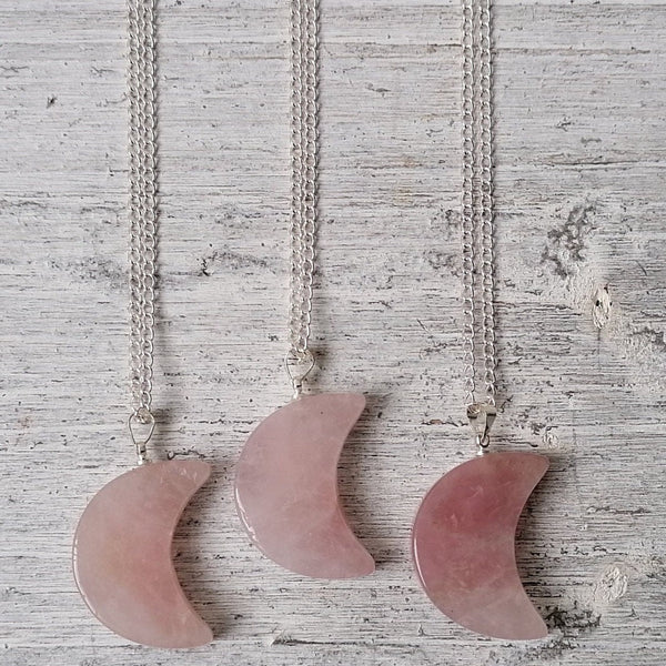 Crystal Moon Necklace - Rose Quartz, Clear Quartz Or Black Obsidian