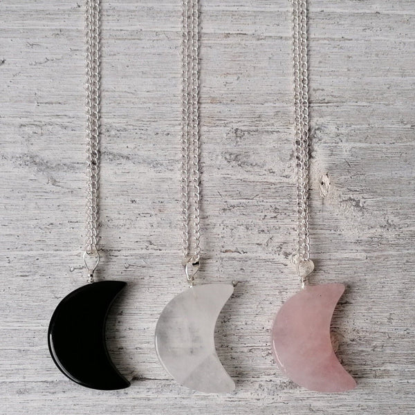 Crystal Moon Necklace - Rose Quartz, Clear Quartz Or Black Obsidian
