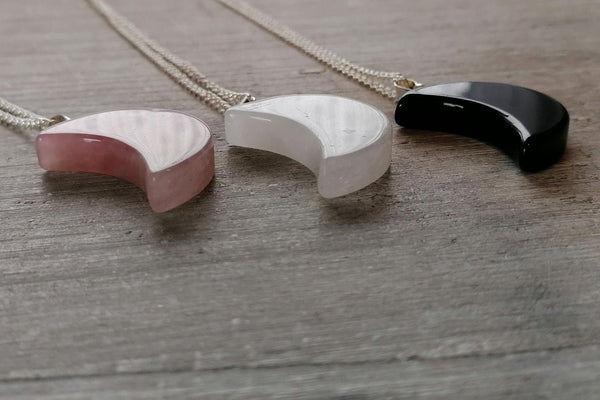 Crystal Moon Necklace - Rose Quartz, Clear Quartz Or Black Obsidian