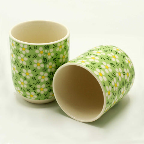 Set of 2 -  Small Green Daisy Ceramic Herbal Teacups