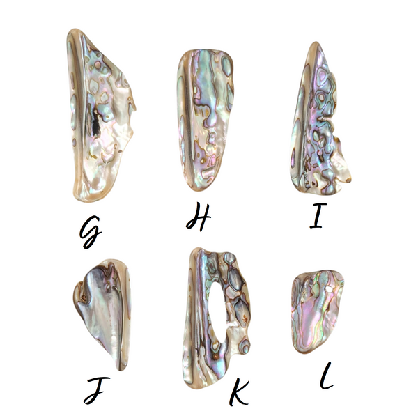Six irregular abalone shell pieces displaying the natural iridescent coloration.