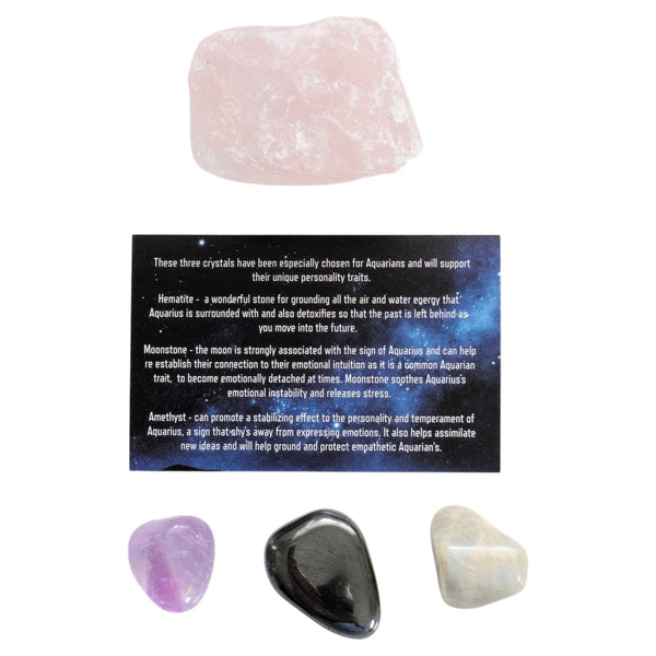 Raw natural piece of rose quartz and three tumblestones for Aquarius with a small card. 