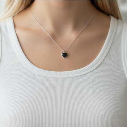 Black Onyx Heart 925 Sterling Silver Necklace
