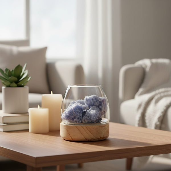 Crystal diffuser with natural blue calcite crystals inside placed on a table with candles. 