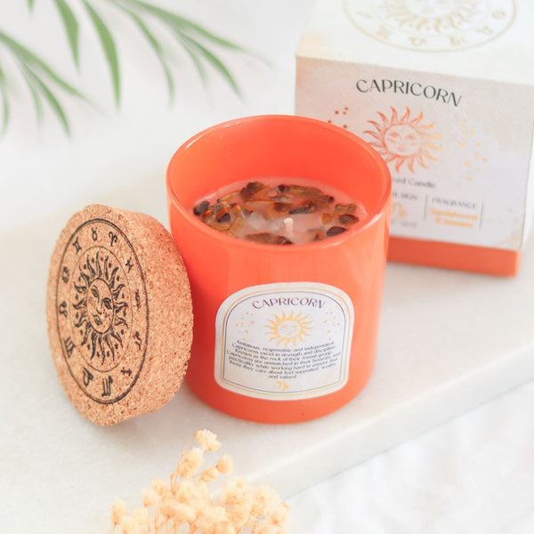 Capricorn crystal candle in a glass jar and gift box.