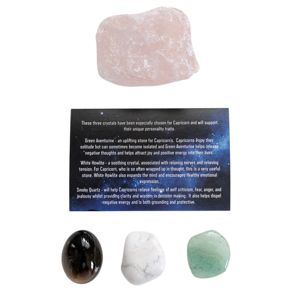 raw rose quartz and crystal tumblestones for Capricorn including; smoky quartz, green aventurine and howlite with a small card. 