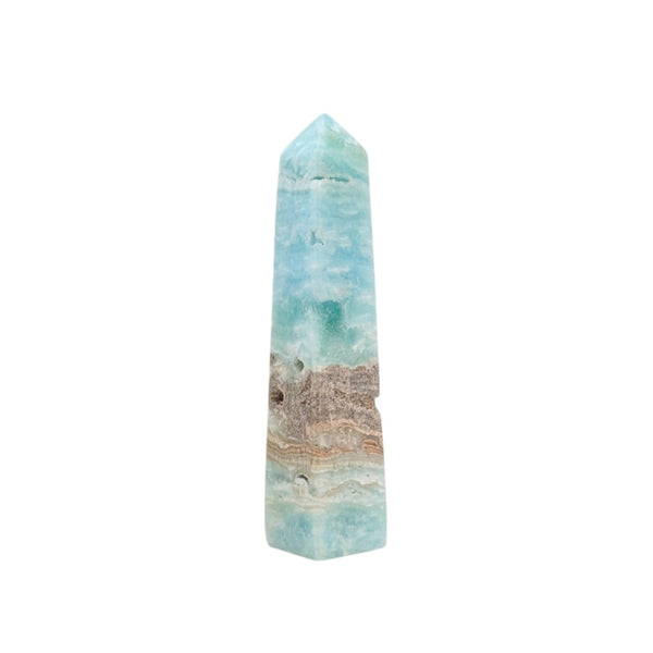 A polished Caribbean Calcite generator point, featuring blue, white and brown banding. 