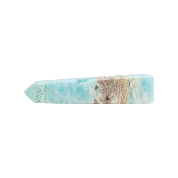 A polished Caribbean crystal point with natural banding in light blue, turquoise, and beige and featuring natural druzys. 