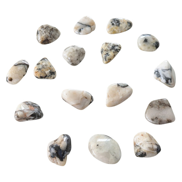 Cassiterite Crystal Tumbled Stones showcasing black and brown impurities on a white stone base. 