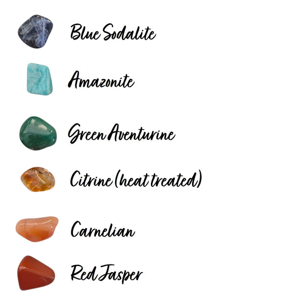 blue sodalite, amazonite, green aventurine, citrine, carnelian and red jasper crystal tumblestones. 