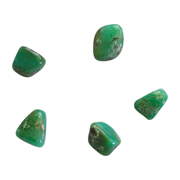 Rare tumbled Chrsoprase stones in a vivid apple green tones with white and brown natural inclusions