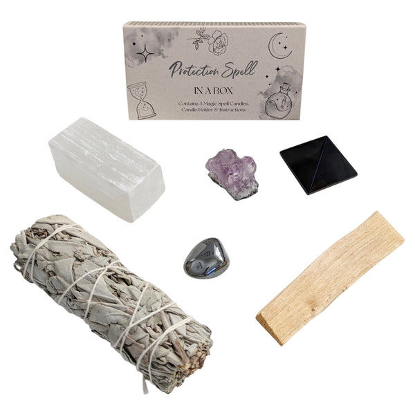 Protection spell, palo santo, black obsidian pyramid, amethyst cluster, hematite crystal, white sage stick, selenite stick in a gift box to cleanse and protect energy and space.