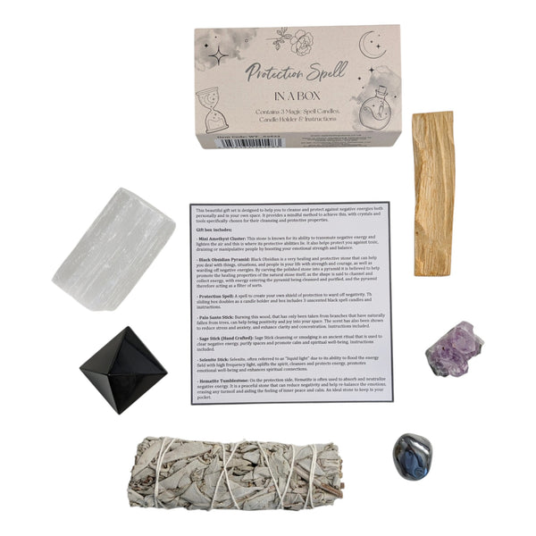 Protection spell, palo santo, black obsidian pyramid, amethyst cluster, hematite crystal, white sage stick, selenite stick in a gift box to cleanse and protect energy and space.