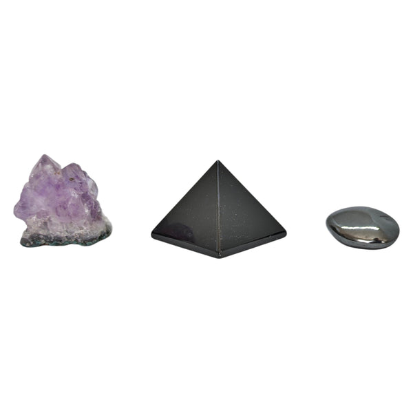 mini amethyst cluster, black obsidian pyramid, hematite tumblestone