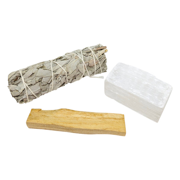 white sage stick, palo santo and selenite stick