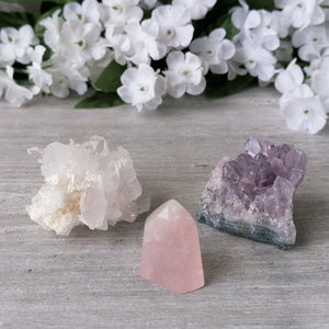 Quartz Crystal Set - Rose Quartz Point, Clear Quartz & Amethyst Clusters