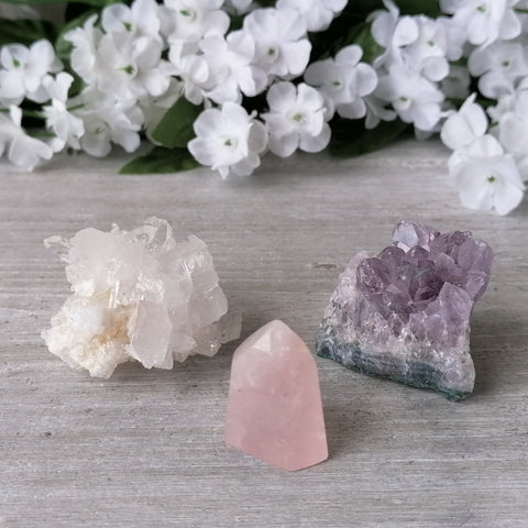 Quartz Crystal Set - Rose Quartz Point, Clear Quartz & Amethyst Clusters