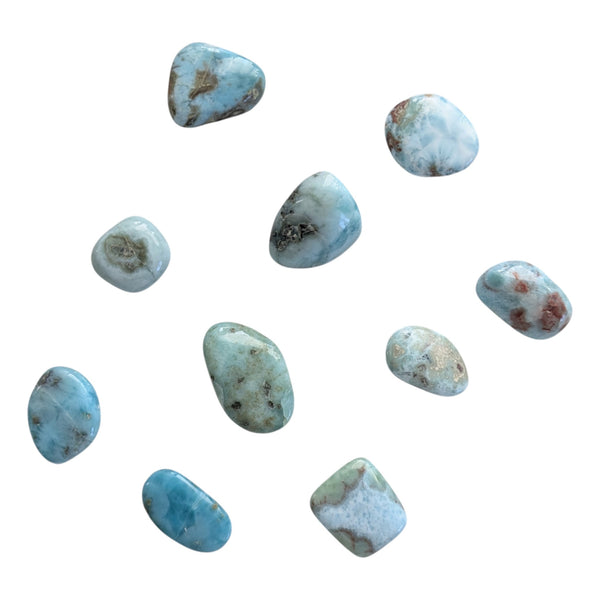 Polished Blue Larimar tumbled stones measuring 15-25mm. 