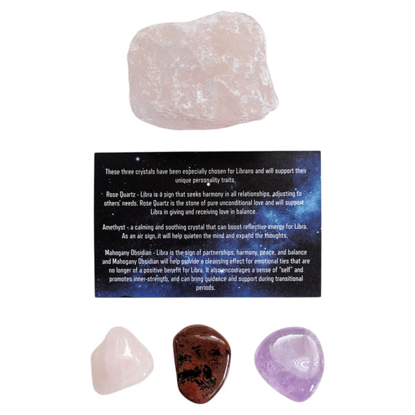 Crystal tumblestones for Libra with card and raw rose quartz.