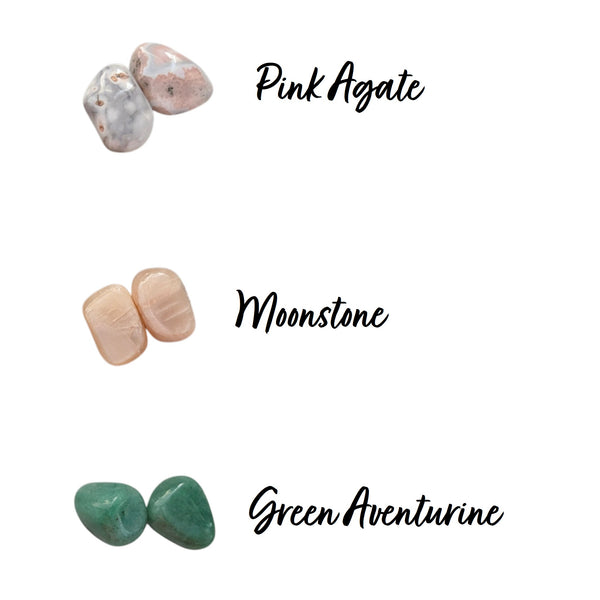 love and peace crystal grid stones; pink agate, moonstone and green aventurine