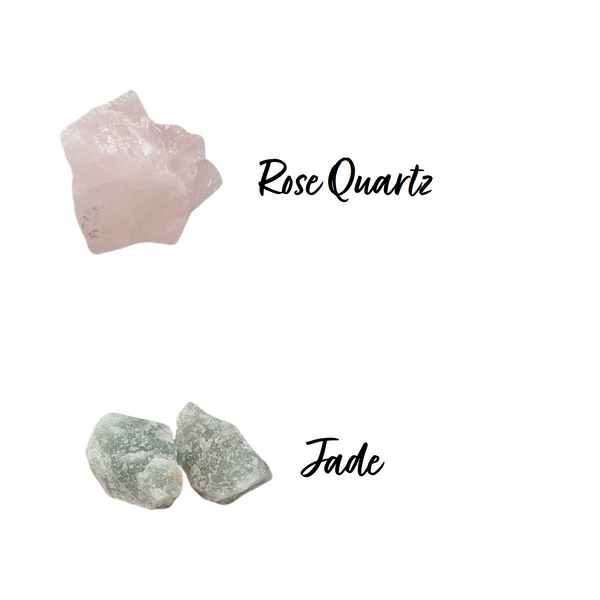 love and peace crystal grid set gemstones; raw rose quartz and raw green jade. 
