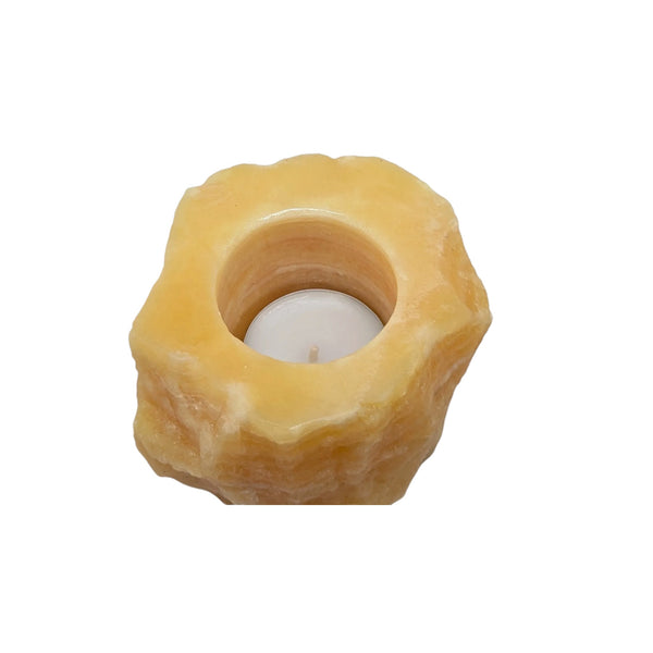 Natural Raw Orange Calcite Crystal Tealight Holder with a polished top 