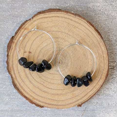 Black Obsidian Sterling Silver Crystal Hoops