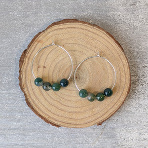Green Moss Agate & Sterling Silver Hoop Earrings