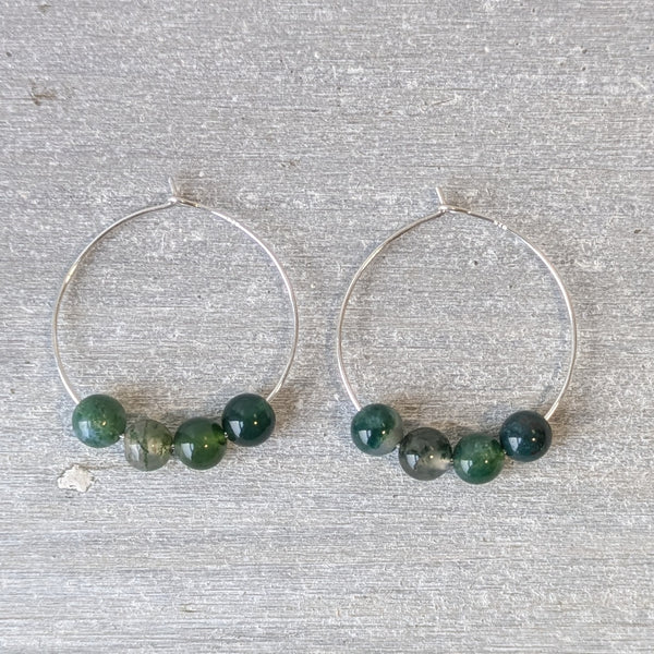 Green Moss Agate & Sterling Silver Hoop Earrings