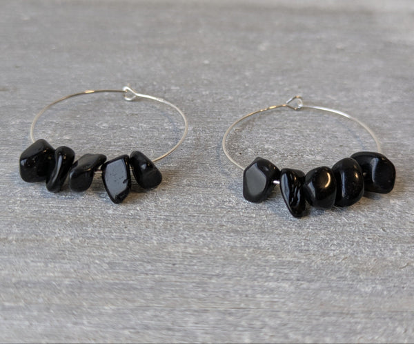 Black Obsidian Sterling Silver Crystal Hoops