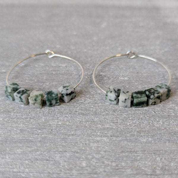 Tree Agate Sterling Silver Crystal Hoops