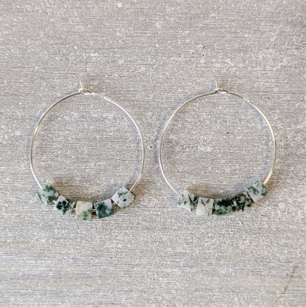 Tree Agate Sterling Silver Crystal Hoops