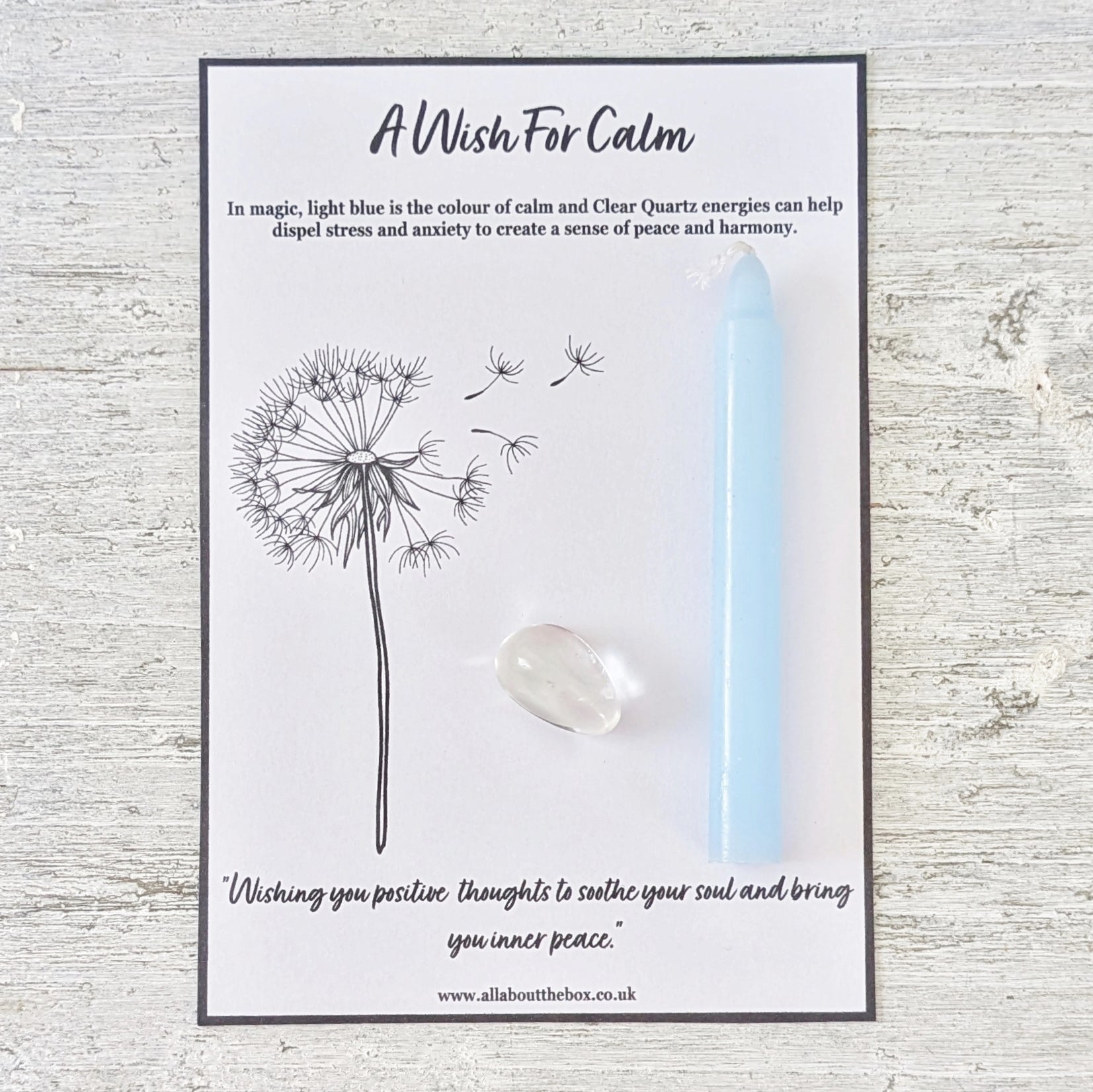 A Wish For Calm - Light Blue Spell Candle & Clear Quartz Crystal
