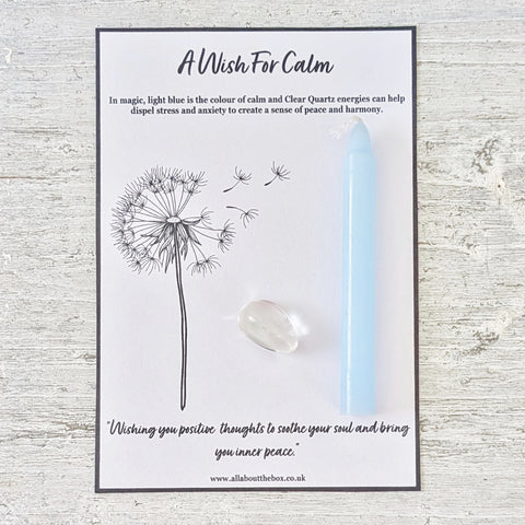 A Wish For Calm - Light Blue Spell Candle & Clear Quartz Crystal