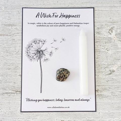 A Wish for Happiness - White Spell Candle & Dalmatian Jasper Crystal