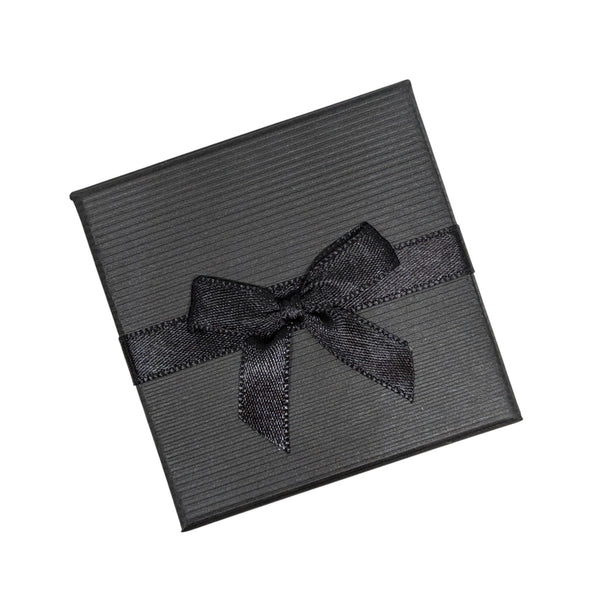 Black gift box with ribbon detail. 