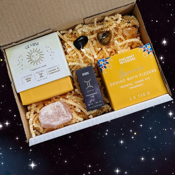 Gemini Horoscope Gift Box - Zodiac Gifts - Crystals & Aromatherapy Spa Gift Set - May/June Birthday