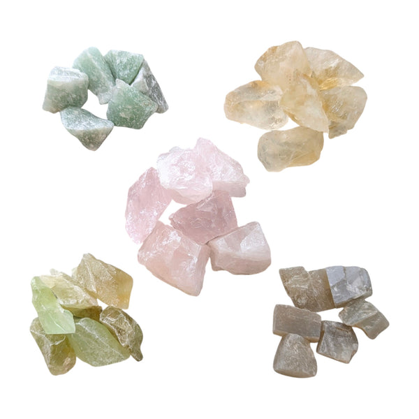 Small Raw Crystal Grid Sets - Rose Quartz, Jade, Grey Moonstone, Green Calcite