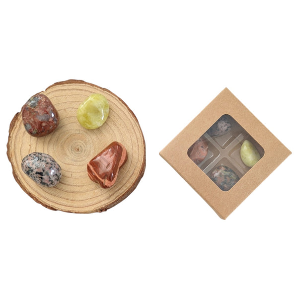 Set of 4 polished tumbled scottish crystals including isla rose, scottish agate, lewisian gneiss and iona marble presented in a small selction box