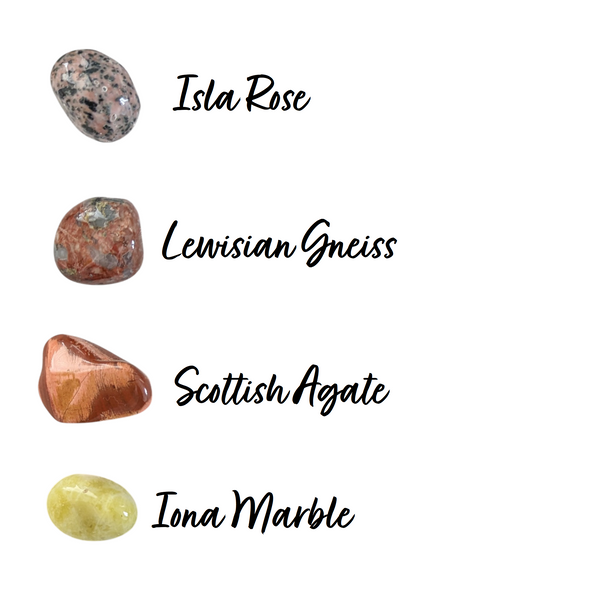 isla rose, scottish agate, lewisian gneiss and iona marble crystal tumbled stones
