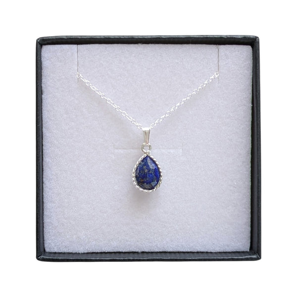 Lapis Lazuli pear drop charm on a 925 sterling silver 16 inch chain presented in a black gift box