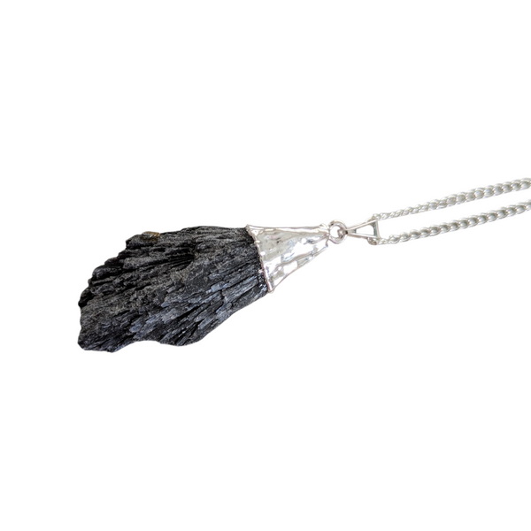 Rough Black Kyanite Blade on a silver plated 18" chain