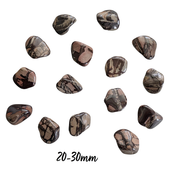 Tumbled Pink Spider Web Jasper crystals measuring 20-30mm. 