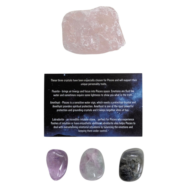 Crystals for Pisces including; Fluorite , Labradorite and Amethyst tumblestones with a card detailing their connect to Pisces and a piece of raw rose quartz. 