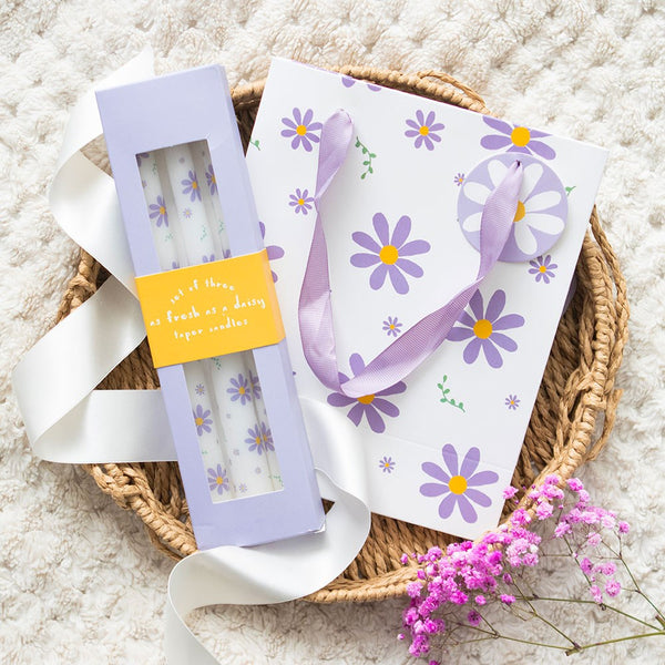 Set of Three Purple Daisy Taper Candles