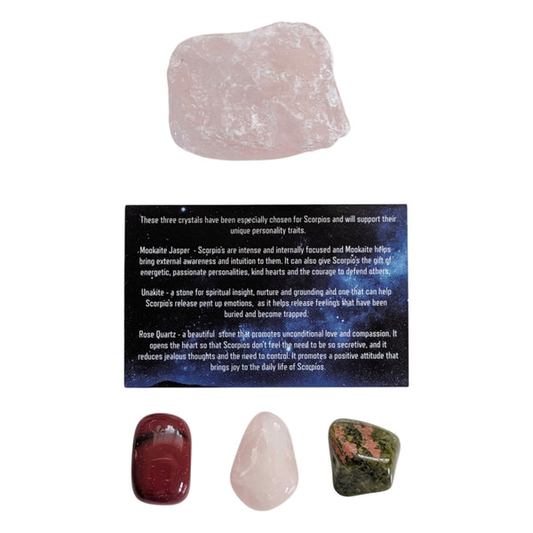 Three crystals for Scorpio including; mookaite jasper, rose quartz and unakite with a card and a raw piece of Rose Quartz. 