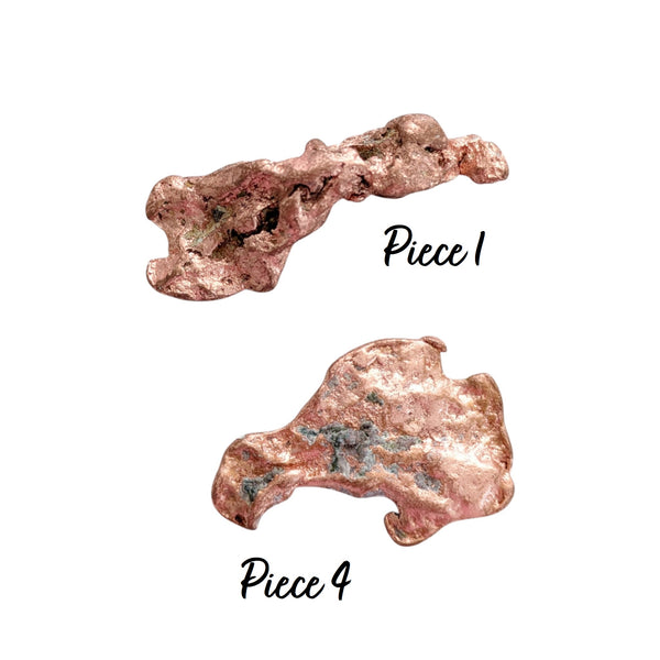 Two pieces of Native Copper; one showcasing an elongated, highly complex, and jagged skeletal formation and the other is a asymmetrical splash-shaped nugget retaining wonderful greyish, gritty patches of raw volcanic basalt matrix trapped in the upper recesses.