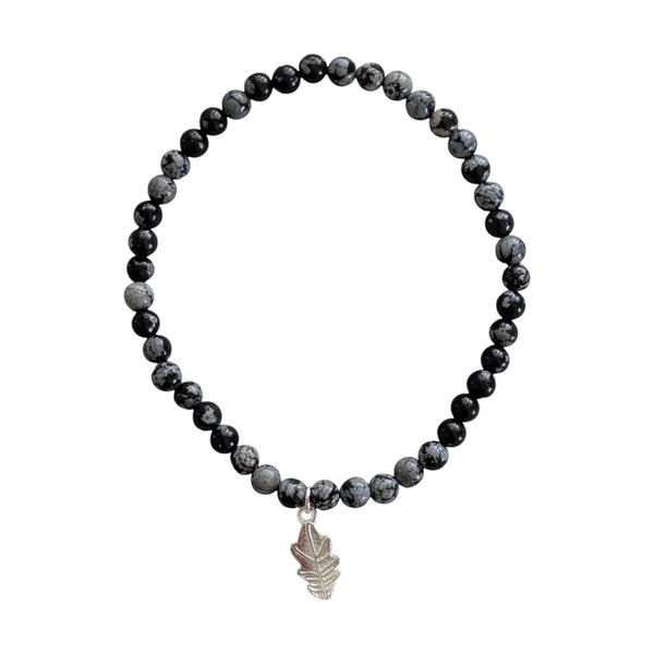 Snowflake Obsidian Elasticated Bracelet with Oak Leaf Charm